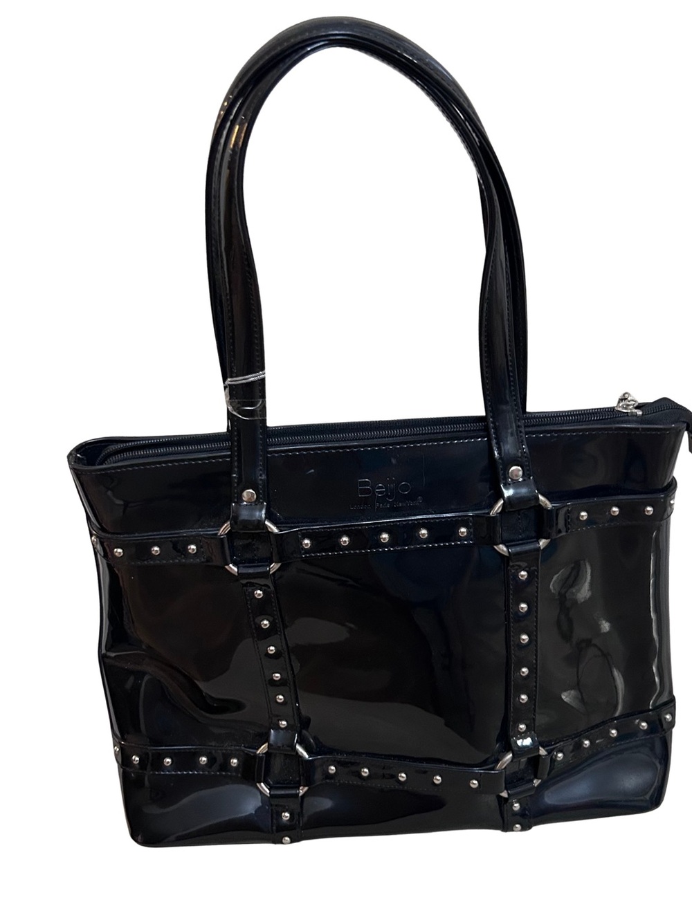 🩷MAKE OFFER🩷 NWT Beijo Black Patent Studded Tote Bag Purse Silver Y2K Shiny